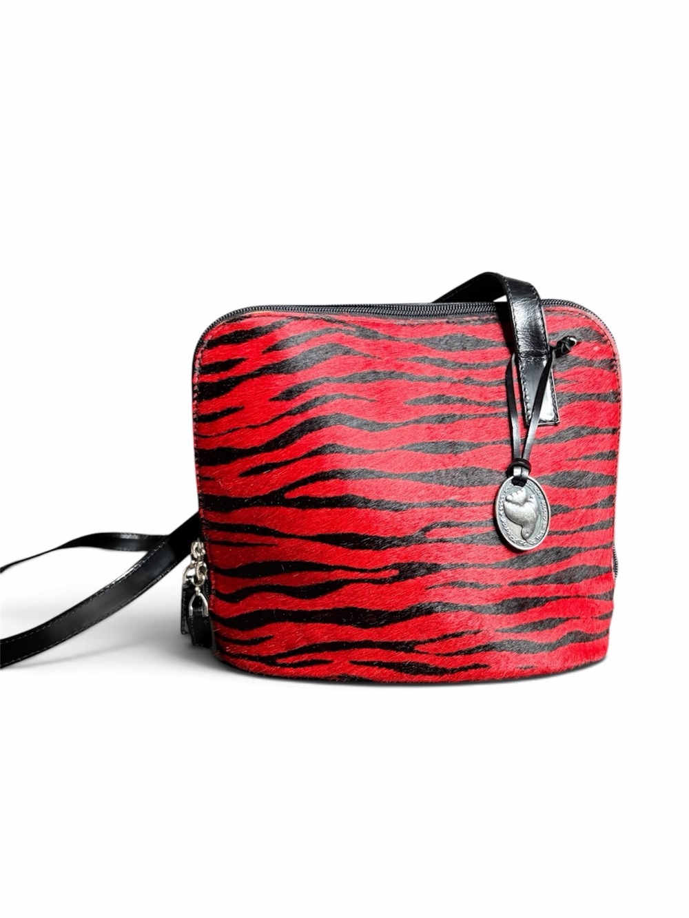 Vintage 2001 Shannon Diego Red Black Zebra Calf Hair Crossbody Dome Bag RARE